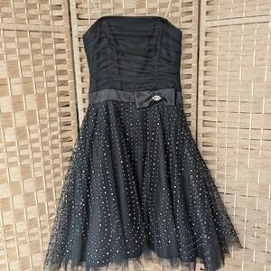 Y2K Strapless Prom Dress Tulle Rhinestone Sz 5/6 Party HOCO Bling Glam LBD